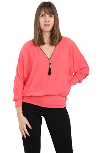 Malito Damen Bluse im Fledermaus Look | Tunika mit Zipper | Kurzarm Blusenshirt mit breitem Bund | Elegant - Shirt 6297 (Coral) von malito more than fashion