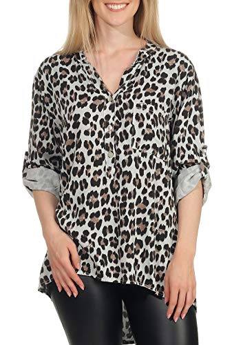 Malito – Unisize Damen Bluse mit Leopardenmuster & ¾ Ärmeln – Animal Print Tunika mit Leo Muster – Elegante Oversize Schlupfbluse 6702 (Hellgrau | Größe 34-42) von malito more than fashion