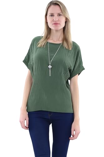 Malito Damen Blusenshirt mit Kette| kurzärmeliges Oberteil mit modischer Raffung | Hemdbluse - Tunika - modern 1144 (Oliv) von malito more than fashion