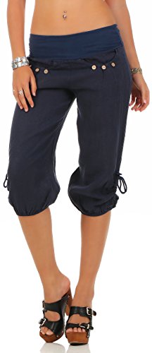 Malito Damen Capri Hose aus Leinen | Stoffhose in Unifarben | Freizeithose für den Strand | Chino - Kurze Hose 6302 (dunkelblau, S) von malito more than fashion