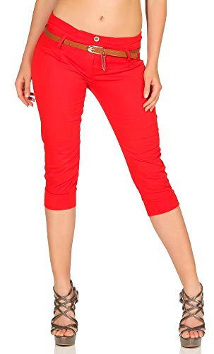 Malito Damen Capri Hose mit Gürtel | Chino Hose mit Stretch | lässige Stoffhose | Skinny - elegant 5398 (S, rot) von malito more than fashion