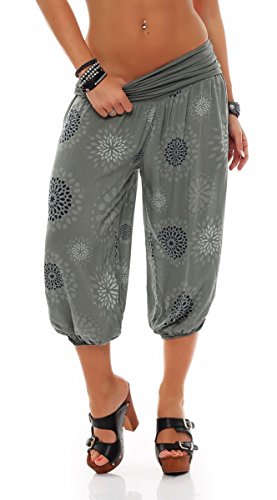 Malito - Damen Haremshose kurz mit Print - Pumphose aus Baumwolle - Leichte 3/4 Stoffhose - Pluderhose zum Tanzen, Chillen & Yoga - knielange Capri Hose 7182 (Oliv) von malito more than fashion