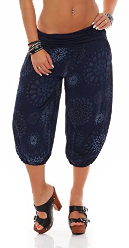 Malito - Damen Haremshose kurz mit Print - Pumphose aus Baumwolle - Leichte 3/4 Stoffhose - Pluderhose zum Tanzen, Chillen & Yoga - knielange Capri Hose 7182 (Dunkelblau) von malito more than fashion