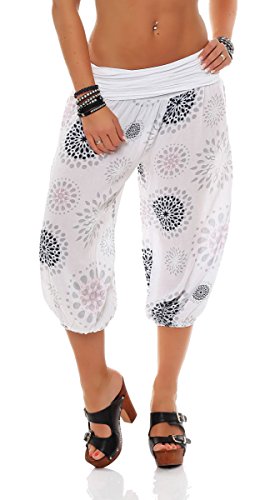 Malito - Damen Haremshose kurz mit Print - Pumphose aus Baumwolle - Leichte 3/4 Stoffhose - Pluderhose zum Tanzen, Chillen & Yoga - knielange Capri Hose 7182 (Weiß) von malito more than fashion