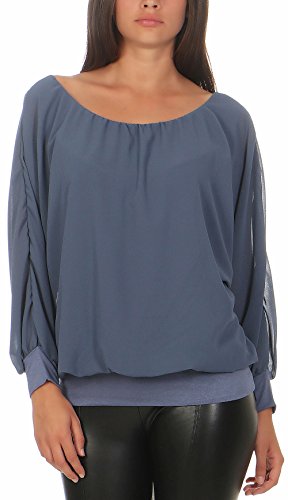 Malito Damen Chiffon Langarm Bluse | Tunika mit weiten Ärmeln | Blusenshirt mit breitem Bund | elegant - schick 6291 (Jeansblau) von malito more than fashion