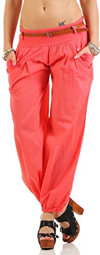 Malito Damen Chino Hose in Uni Farben | Freizeithose mit Gürtel | Sommerhose für den Strand | Haremshose - Pumphose 6017 (Coral, L) von malito more than fashion