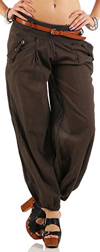 Malito Damen Chino Hose in Uni Farben | Freizeithose mit Gürtel | Sommerhose für den Strand | Haremshose - Pumphose 6017 (Dunkelbraun, XL) von malito more than fashion