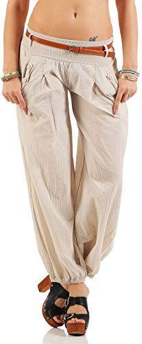 Malito Damen Chino Hose in Uni Farben | Freizeithose mit Gürtel | Sommerhose für den Strand | Haremshose - Pumphose 6017 (beige, L) von malito more than fashion