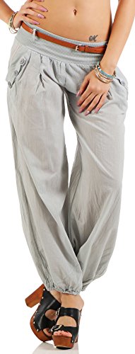 malito Damen Chino Hose in Uni Farben | Freizeithose mit Gürtel | Sommerhose für den Strand | Haremshose - Pumphose 6017 (hellgrau, L) von malito more than fashion
