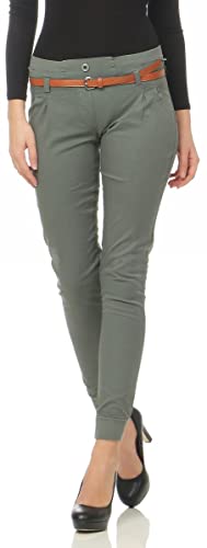 Malito Damen Chino Hose inkl. Gürtel | Stoffhose mit Stretch | lässige Freizeithose | Skinny - elegant 5396 (Oliv, S) von malito more than fashion