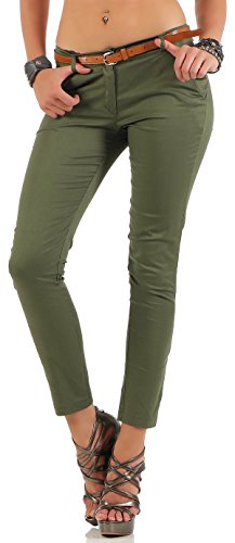 Malito Damen Chinohose mit Gürtel | Stretch Caprihose | schicke Freizeithose | Skinny - Slimfit - elegant 5388 (Oliv, XL) von malito more than fashion