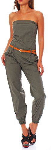 malito Damen Einteiler in Uni Farben | Overall mit Gürtel | langer Jumpsuit - Romper - Hosenanzug 1585 (oliv, M) von malito more than fashion