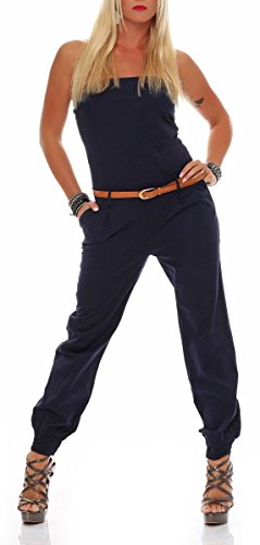 malito Damen Einteiler in Uni Farben | Overall mit Gürtel | langer Jumpsuit - Romper - Hosenanzug 1585 (dunkelblau, S) von malito more than fashion
