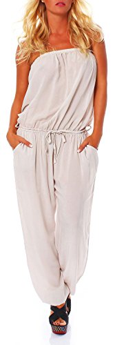 malito - Damen Jumpsuit - langer Einteiler - Overall Carmen Ausschnitt - Hosenanzug Uni - Romper Leo-Print 4538 - (Creme) von malito more than fashion