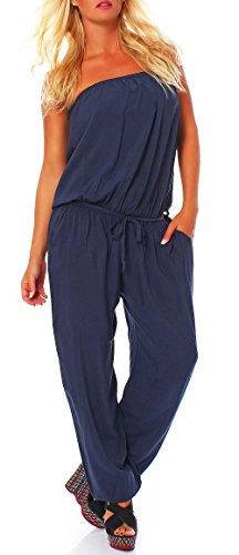 malito - Damen Jumpsuit - langer Einteiler - Overall Carmen Ausschnitt - Hosenanzug Uni - Romper Leo-Print 4538 - (Dunkelblau) von malito more than fashion