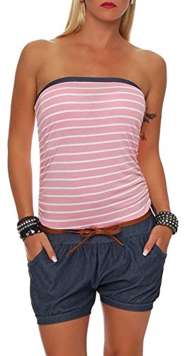 Malito Damen Einteiler kurz im Marine Design | Overall mit Gürtel | Jumpsuit im Jeans Look | Romper - Playsuit 9646 (rosa) von malito more than fashion
