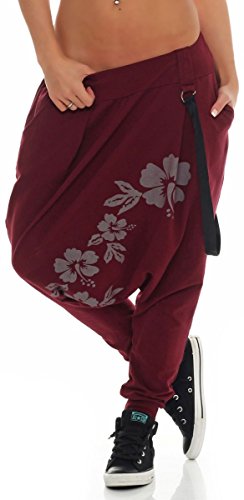 Malito Damen Haremshose mit tiefem Schnitt | Hose mit Flower Print | Baggy zum Tanzen | Sweatpants - Jogginghose 91085 (Bordeaux) von malito more than fashion