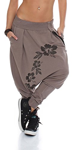 malito Damen Haremshose mit tiefem Schnitt | Hose mit Flower Print | Baggy zum Tanzen | Sweatpants - Jogginghose 91085 (fango) von malito more than fashion