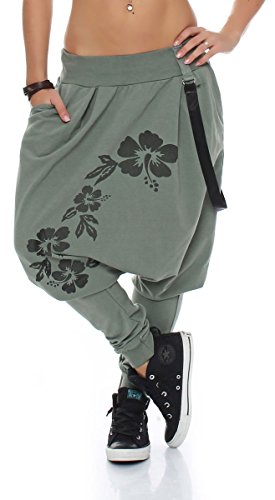 Malito Damen Haremshose mit tiefem Schnitt | Hose mit Flower Print | Baggy zum Tanzen | Sweatpants - Jogginghose 91085 (Oliv) von malito more than fashion