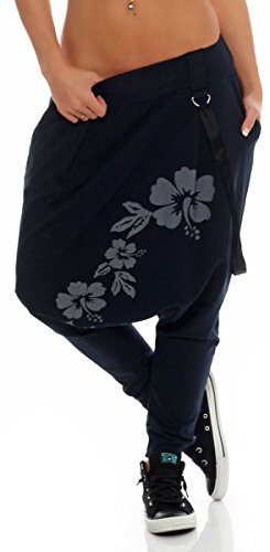 Malito Damen Haremshose mit tiefem Schnitt | Hose mit Flower Print | Baggy zum Tanzen | Sweatpants - Jogginghose 91085 (dunkelblau) von malito more than fashion
