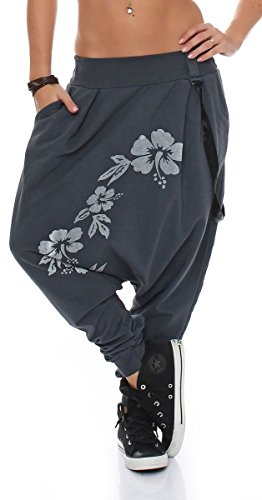 Malito Damen Haremshose mit tiefem Schnitt | Hose mit Flower Print | Baggy zum Tanzen | Sweatpants - Jogginghose 91085 (dunkelgrau) von malito more than fashion