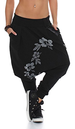 Malito Damen Haremshose mit tiefem Schnitt | Hose mit Flower Print | Baggy zum Tanzen | Sweatpants - Jogginghose 91085 (schwarz) von malito more than fashion