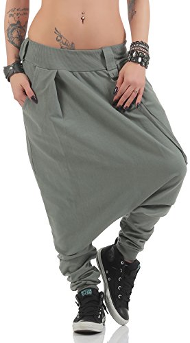 Malito Damen Haremshose mit tiefem Schritt | Jogginghose in Unifarben | Baggy zum Tanzen | Sweatpants - Aladinhose 91086 (Oliv) von malito more than fashion