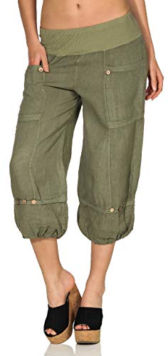 Malito Damen Hose aus Leinen | Stoffhose in Uni Farben | Freizeithose für den Strand | Chino - Capri Hose 1575 (L, Oliv) von malito more than fashion