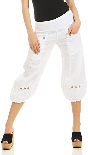 Malito Damen Hose aus Leinen | Stoffhose in Uni Farben | Freizeithose für den Strand | Chino - Capri Hose 1575 (weiß, L) von malito more than fashion