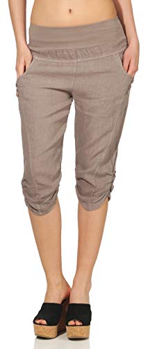 Malito Damen Hose aus Leinen | Stoffhose in Uni Farben | Freizeithose mit Knöpfen | Chino - Capri - Strandhose 7988 (Fango, L) von malito more than fashion