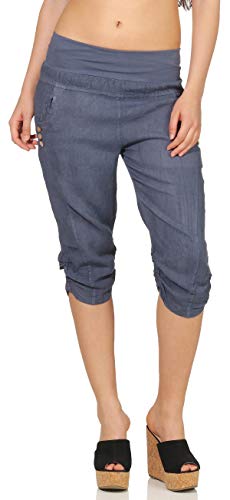 Malito Damen Hose aus Leinen | Stoffhose in Uni Farben | Freizeithose mit Knöpfen | Chino - Capri - Strandhose 7988 (Jeansblau, L) von malito more than fashion