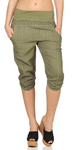 Malito Damen Hose aus Leinen | Stoffhose in Uni Farben | Freizeithose mit Knöpfen | Chino - Capri - Strandhose 7988 (Oliv, M) von malito more than fashion