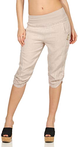 Malito Damen Hose aus Leinen | Stoffhose in Uni Farben | Freizeithose mit Knöpfen | Chino - Capri - Strandhose 7988 (beige, L) von malito more than fashion