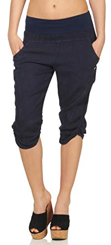 Malito Damen Hose aus Leinen | Stoffhose in Uni Farben | Freizeithose mit Knöpfen | Chino - Capri - Strandhose 7988 (dunkelblau, M) von malito more than fashion