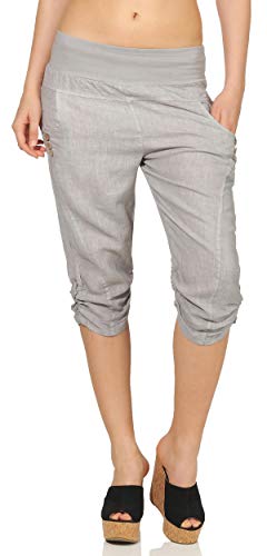 Malito Damen Hose aus Leinen | Stoffhose in Uni Farben | Freizeithose mit Knöpfen | Chino - Capri - Strandhose 7988 (hellgrau, M) von malito more than fashion