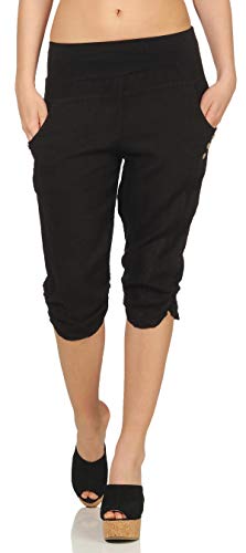Malito Damen Hose aus Leinen | Stoffhose in Uni Farben | Freizeithose mit Knöpfen | Chino - Capri - Strandhose 7988 (schwarz, L) von malito more than fashion