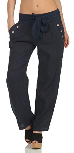Malito Damen Hose aus Leinen - Stoffhose in Unifarben - atmungsaktive Freizeithose mit Gürtel - Chino 8174 - (dunkelblau, M) von malito more than fashion