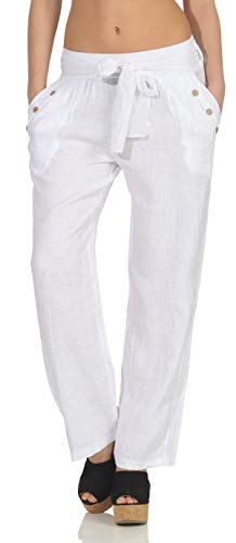 Malito Damen Hose aus Leinen - Stoffhose in Unifarben - atmungsaktive Freizeithose mit Gürtel - Chino 8174 - (weiß, XXL) von malito more than fashion