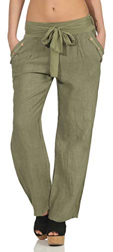 malito Damen Hose aus Leinen - Stoffhose in Unifarben - atmungsaktive Freizeithose mit Gürtel - Chino 8174 - (oliv, XL) von malito more than fashion