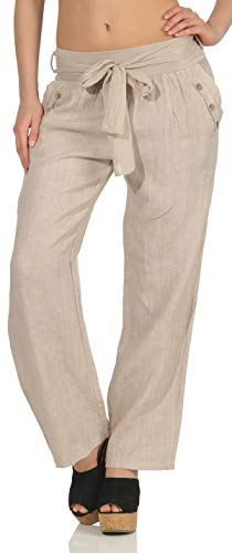 Malito Damen Hose aus Leinen | Stoffhose in Unifarben | feine Freizeithose mit Gürtel | Chino 8174 (beige, S) von malito more than fashion