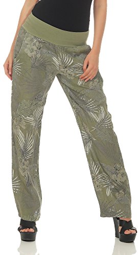 Malito Damen Hose aus Leinen | Stoffhose mit Jungle Print | Freizeithose für den Strand | Chino - Jogginghose 7790 (Oliv, L) von malito more than fashion