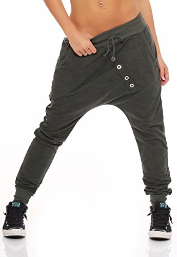 Malito Damen Jogginghose mit Knopfleiste | Sporthose meliert | Baggy zum Tanzen | Sweatpants - Trainingshose 7398 (Oliv) von malito more than fashion