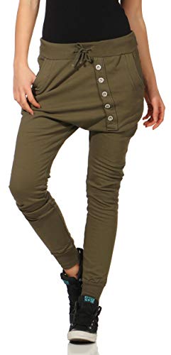 Malito – Damen Jogginhose Baggy aus Baumwolle – Sweathose mit elastischem Bund – Low-Waist Haremshose – Sweatpants Pumphose 8023 (Dunkelgrün) von malito more than fashion