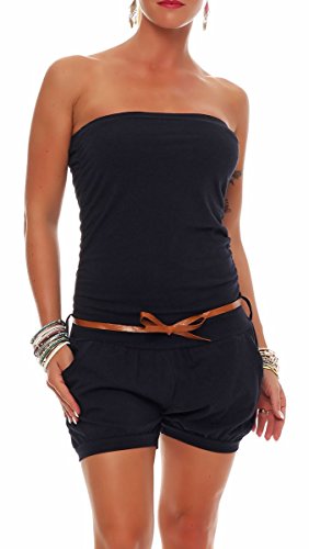 malito - Damen Jumpsuit - Einteiler mit Gürtel & Taschen - Bandeau Sommer Overall - kurzer trägerloser Playsuit - unifarbener Romper 8964 (Dunkelblau) von malito more than fashion