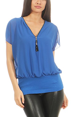 Malito Damen Kurzarm Bluse im Fledermaus Look | Tunika mit Zipper | T-Shirt mit breitem Bund | Shirt - elegant 6298 (blau) von malito more than fashion