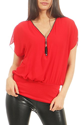 Malito Damen Kurzarm Bluse im Fledermaus Look | Tunika mit Zipper | T-Shirt mit breitem Bund | Shirt - elegant 6298 (rot) von malito more than fashion