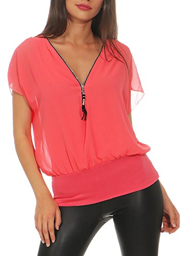 Malito Damen Kurzarm Bluse im Fledermaus Look | Tunika mit Zipper | T-Shirt mit breitem Bund | Shirt - elegant 6298 (Coral) von malito more than fashion