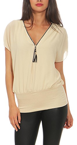 Malito Damen Kurzarm Bluse im Fledermaus Look | Tunika mit Zipper | T-Shirt mit breitem Bund | Shirt - elegant 6298 (beige) von malito more than fashion