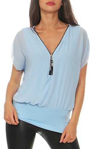 Malito Damen Kurzarm Bluse im Fledermaus Look | Tunika mit Zipper | T-Shirt mit breitem Bund | Shirt - elegant 6298 (hellblau) von malito more than fashion