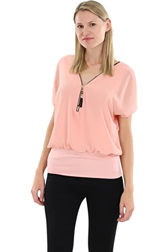 Malito Damen Kurzarm Bluse im Fledermaus Look | Tunika mit Zipper | T-Shirt mit breitem Bund | Shirt - elegant 6298 (rosa) von malito more than fashion